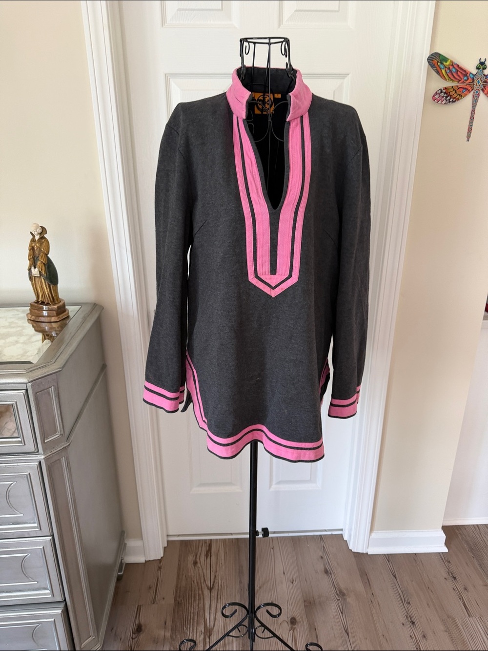 Tory Burch Charcoal Gray Pullover with Pink Trim